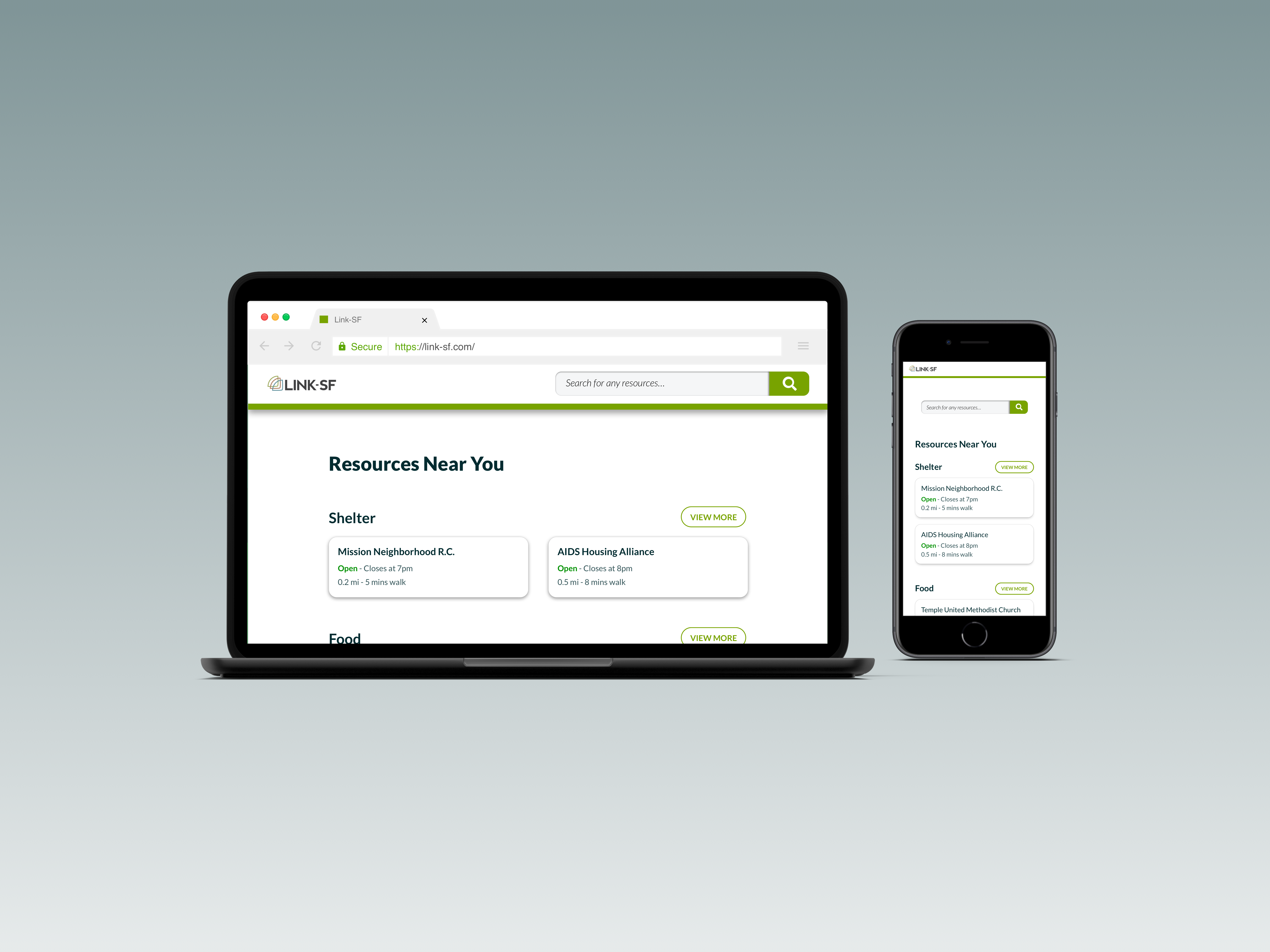 LinkSF mobile app interface showing shelter search functionality