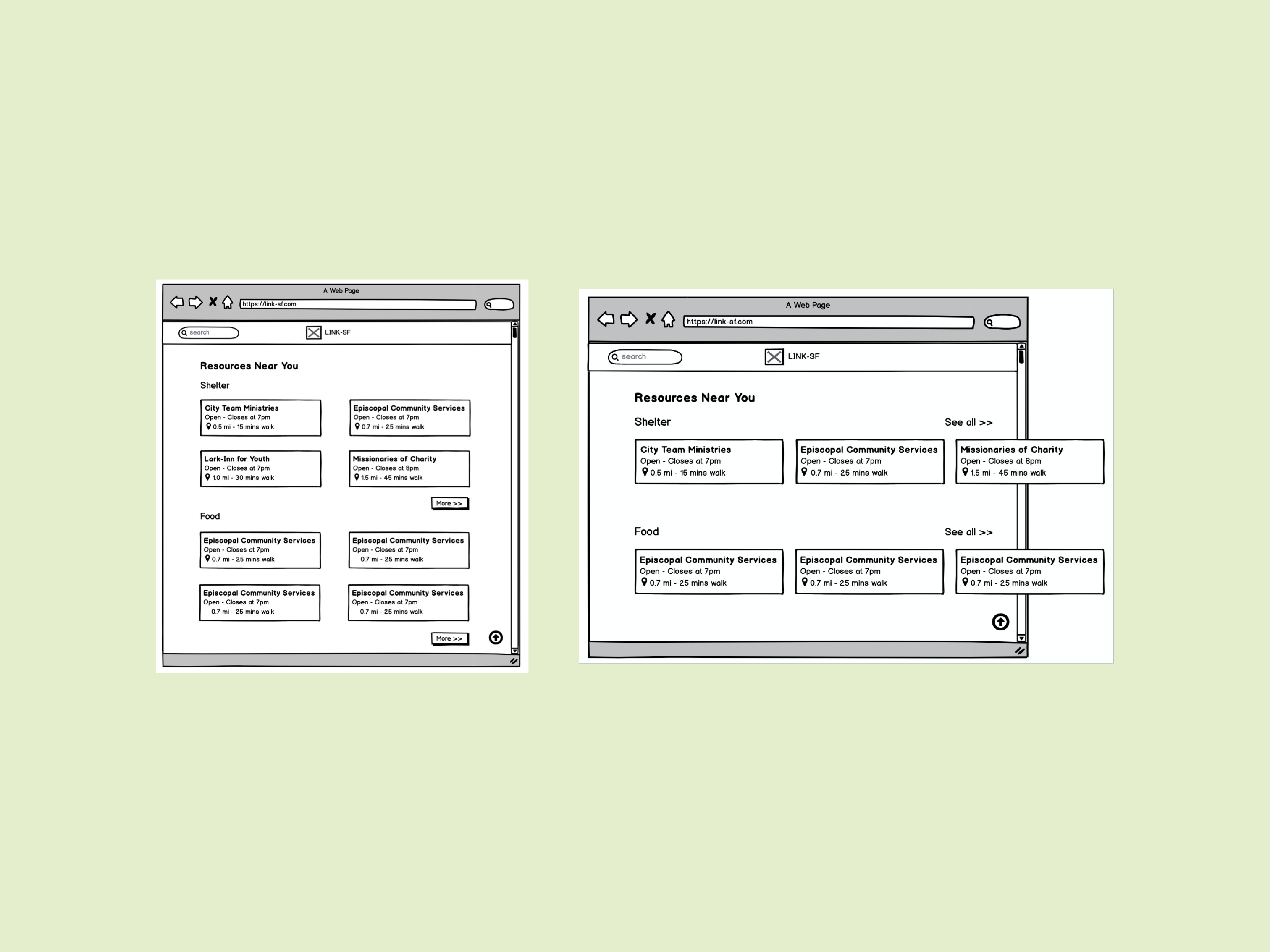 LinkSF low-fidelity wireframes and user flow