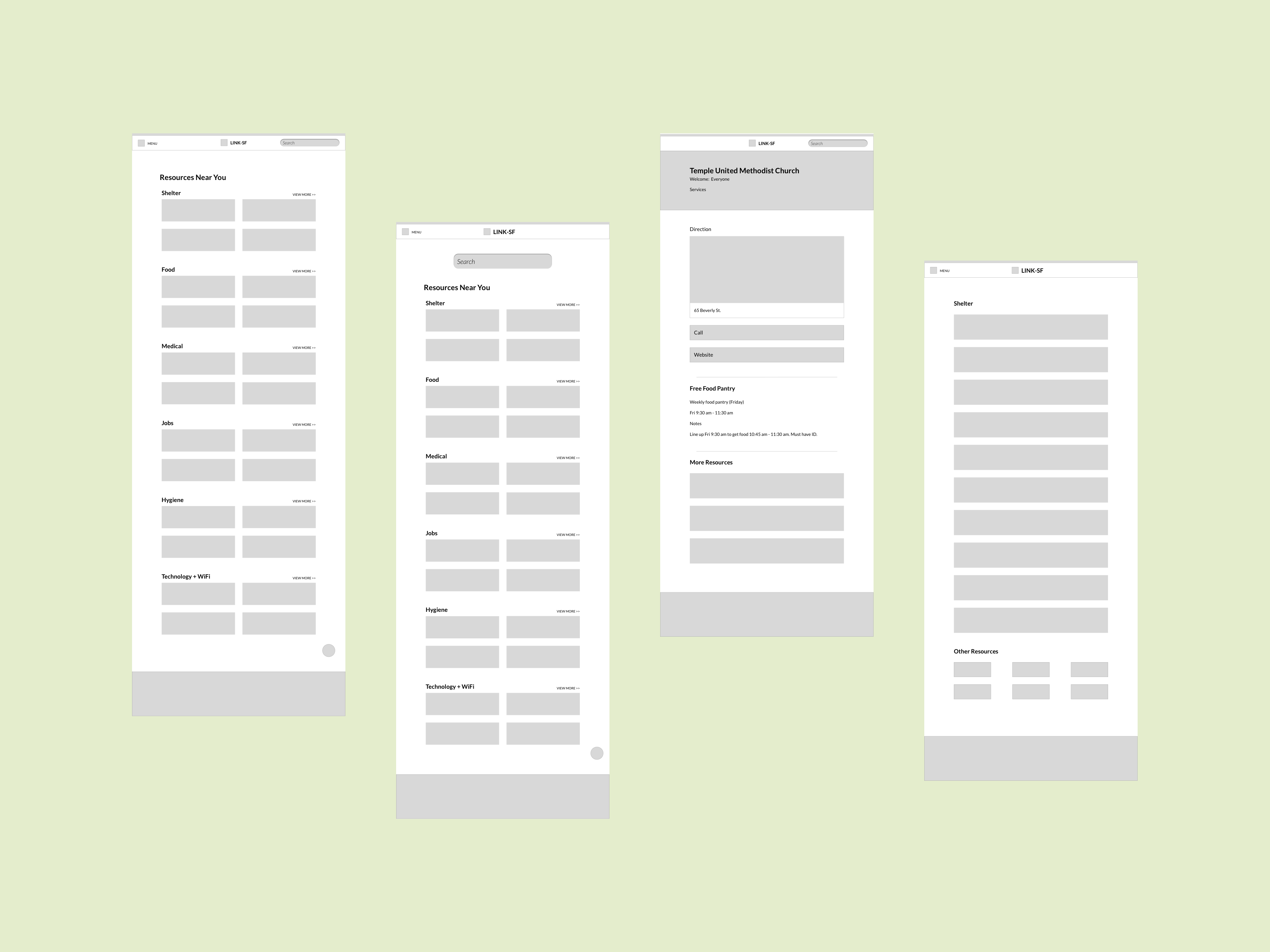 LinkSF mid-fidelity prototype screens